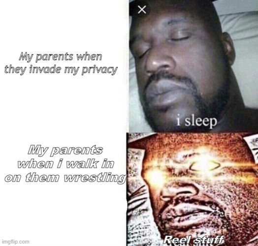 i sleep real shit | My parents when they invade my privacy; My parents when i walk in on them wrestling; Reel stuff | image tagged in i sleep real shit | made w/ Imgflip meme maker