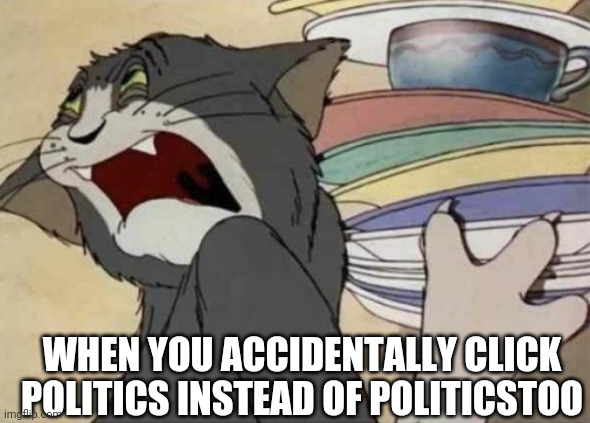 Tom & Jerry - Disgusted Tom | WHEN YOU ACCIDENTALLY CLICK POLITICS INSTEAD OF POLITICSTOO | image tagged in tom jerry - disgusted tom | made w/ Imgflip meme maker
