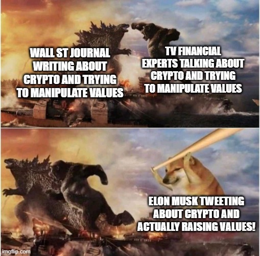 Elon & Doge save the day! | TV FINANCIAL EXPERTS TALKING ABOUT CRYPTO AND TRYING TO MANIPULATE VALUES; WALL ST JOURNAL WRITING ABOUT CRYPTO AND TRYING TO MANIPULATE VALUES; ELON MUSK TWEETING ABOUT CRYPTO AND ACTUALLY RAISING VALUES! | image tagged in kong godzilla doge | made w/ Imgflip meme maker