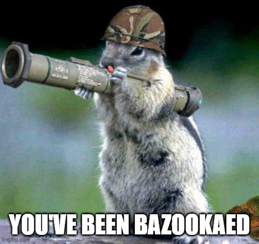 Bazooka Squirrel Meme | YOU'VE BEEN BAZOOKAED | image tagged in memes,bazooka squirrel | made w/ Imgflip meme maker