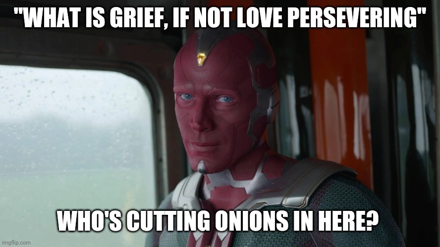 Vision | "WHAT IS GRIEF, IF NOT LOVE PERSEVERING"; WHO'S CUTTING ONIONS IN HERE? | image tagged in vision | made w/ Imgflip meme maker