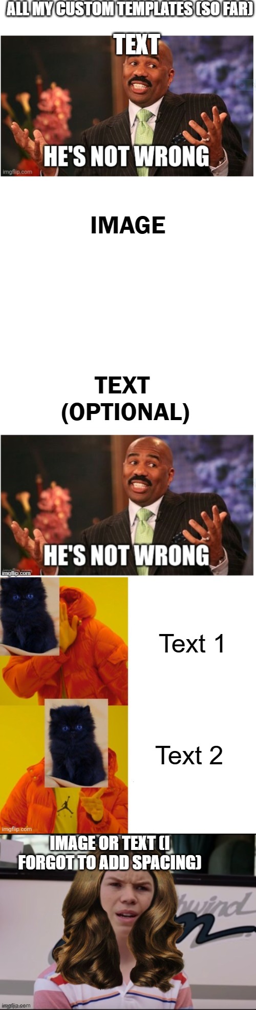 My template | ALL MY CUSTOM TEMPLATES (SO FAR); TEXT; IMAGE; TEXT 
(OPTIONAL); Text 1; Text 2; IMAGE OR TEXT (I FORGOT TO ADD SPACING) | image tagged in well he's not 'wrong',x he's not wrong,cat bling,brianna confused | made w/ Imgflip meme maker