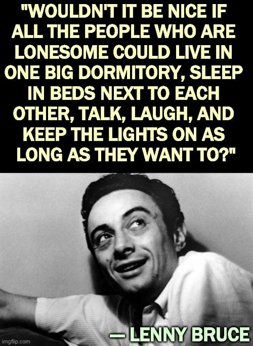 "WOULDN'T IT BE NICE IF 
ALL THE PEOPLE WHO ARE 
LONESOME COULD LIVE IN 
ONE BIG DORMITORY, SLEEP 
IN BEDS NEXT TO EACH 
OTHER, TALK, LAUGH, AND 
KEEP THE LIGHTS ON AS 
LONG AS THEY WANT TO?"; --- LENNY BRUCE | image tagged in lonely | made w/ Imgflip meme maker