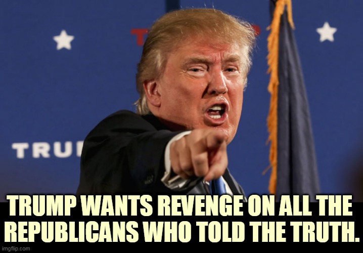 Somebody who tells the truth steps on Trump and his lies. | TRUMP WANTS REVENGE ON ALL THE 
REPUBLICANS WHO TOLD THE TRUTH. | image tagged in trump-angry-finger-fake-news,trump,lies,hate,truth,revenge | made w/ Imgflip meme maker