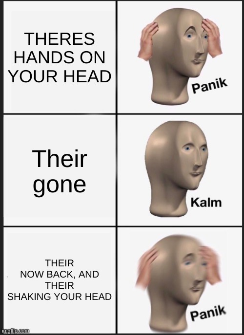 AAAAAAAAAAAAA | THERES HANDS ON YOUR HEAD; Their gone; THEIR NOW BACK, AND THEIR SHAKING YOUR HEAD | image tagged in memes,panik kalm panik,hands | made w/ Imgflip meme maker