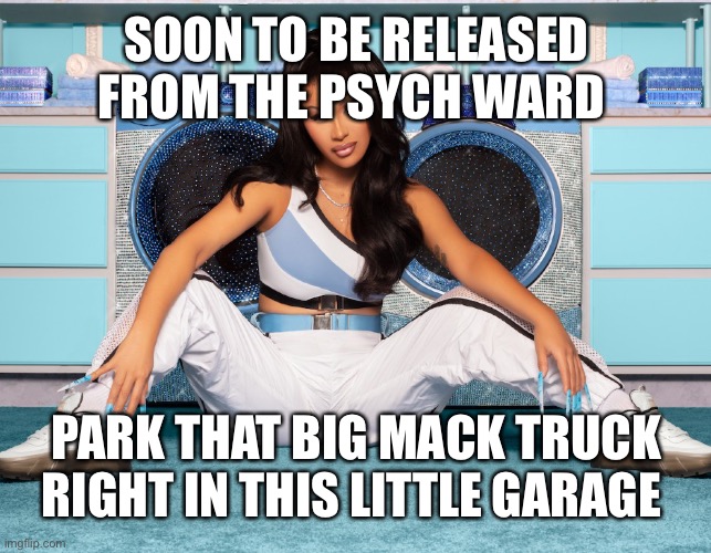 Cardi B leg spread | SOON TO BE RELEASED FROM THE PSYCH WARD; PARK THAT BIG MACK TRUCK RIGHT IN THIS LITTLE GARAGE | image tagged in cardi b legspread,wap | made w/ Imgflip meme maker