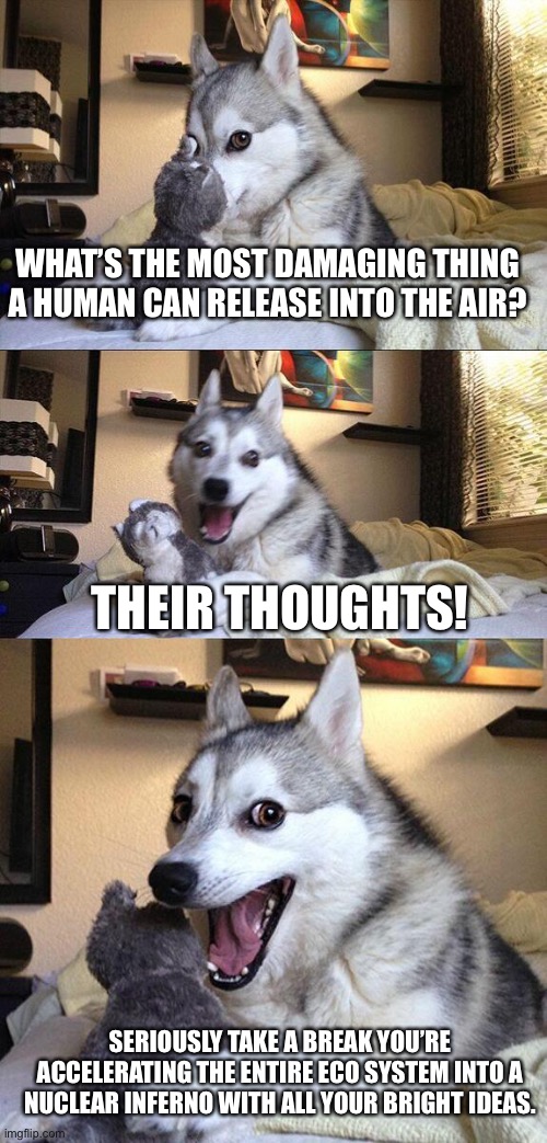 Thoughts | WHAT’S THE MOST DAMAGING THING A HUMAN CAN RELEASE INTO THE AIR? THEIR THOUGHTS! SERIOUSLY TAKE A BREAK YOU’RE ACCELERATING THE ENTIRE ECO SYSTEM INTO A NUCLEAR INFERNO WITH ALL YOUR BRIGHT IDEAS. | image tagged in memes,bad pun dog | made w/ Imgflip meme maker