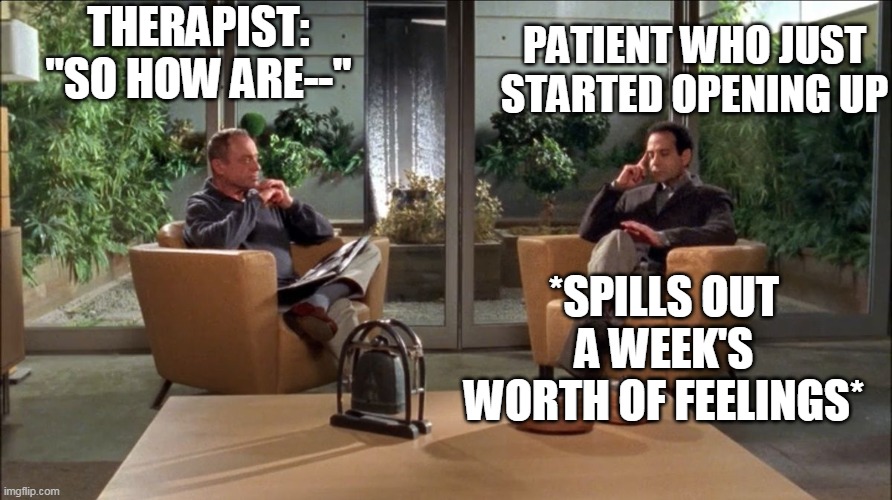 Therapist and Patient | THERAPIST: "SO HOW ARE--"; PATIENT WHO JUST STARTED OPENING UP; *SPILLS OUT A WEEK'S WORTH OF FEELINGS* | image tagged in psychiatrist and patient,therapist,doctor and patient,mental health,wholesome,therapy | made w/ Imgflip meme maker