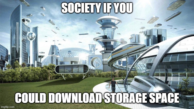 Society if you could download storage space | SOCIETY IF YOU; COULD DOWNLOAD STORAGE SPACE | image tagged in the future world if | made w/ Imgflip meme maker