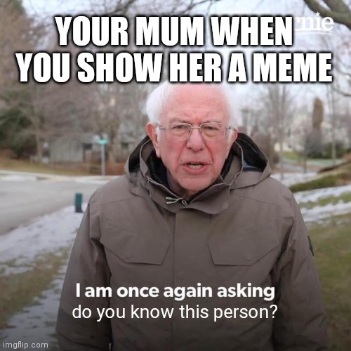 Bernie I Am Once Again Asking For Your Support | YOUR MUM WHEN YOU SHOW HER A MEME; do you know this person? | image tagged in memes,bernie i am once again asking for your support | made w/ Imgflip meme maker