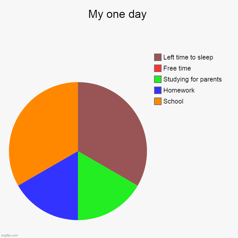 My one day | School, Homework, Studying for parents, Free time, Left time to sleep | image tagged in charts,pie charts | made w/ Imgflip chart maker