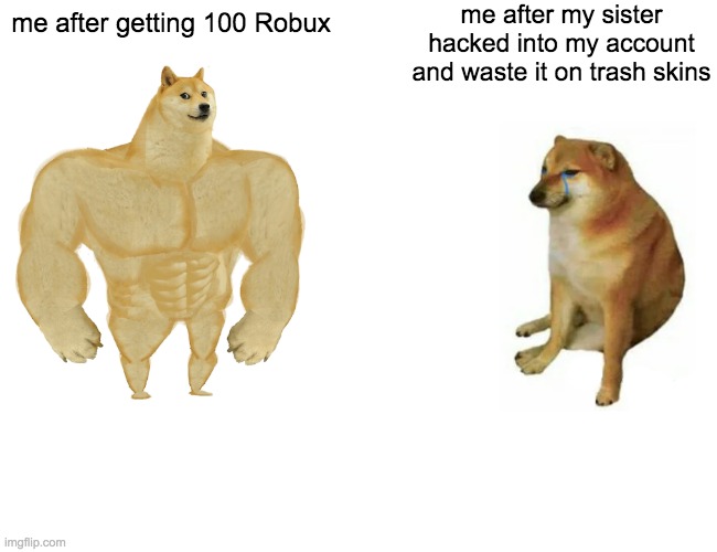 Buff Doge vs. Cheems | me after my sister hacked into my account and waste it on trash skins; me after getting 100 Robux | image tagged in memes,buff doge vs cheems | made w/ Imgflip meme maker