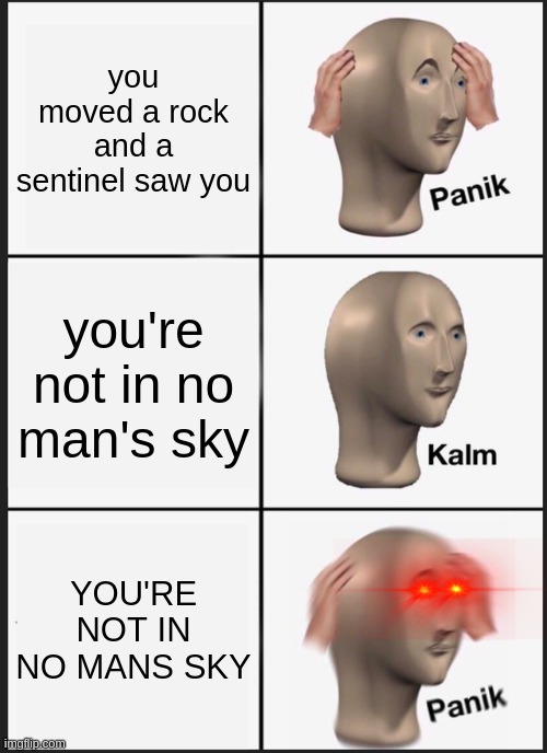PANIK!!!!!!!!!!!!! | you moved a rock and a sentinel saw you; you're not in no man's sky; YOU'RE NOT IN NO MANS SKY | image tagged in memes,panik kalm panik | made w/ Imgflip meme maker