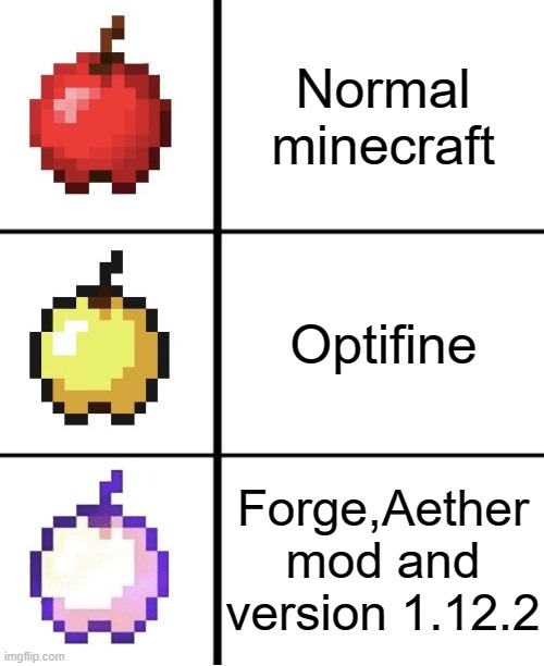 Seriously,getting the aether mod is a serious work,if u dunno how,first add version 1.12.2 in the launcher,next install forge,go | Normal minecraft; Optifine; Forge,Aether mod and version 1.12.2 | image tagged in improving minecraft apple | made w/ Imgflip meme maker