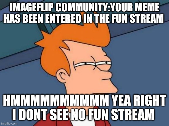 Futurama Fry | IMAGEFLIP COMMUNITY:YOUR MEME HAS BEEN ENTERED IN THE FUN STREAM; HMMMMMMMMMM YEA RIGHT I DONT SEE NO FUN STREAM | image tagged in memes,futurama fry | made w/ Imgflip meme maker