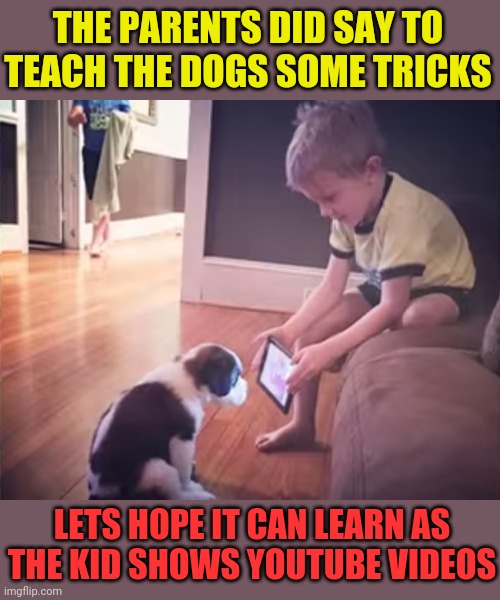 I mean, it can learn from watching | THE PARENTS DID SAY TO TEACH THE DOGS SOME TRICKS; LETS HOPE IT CAN LEARN AS THE KID SHOWS YOUTUBE VIDEOS | image tagged in kids beating the system,oh yeah this is big brain time,memes,fun | made w/ Imgflip meme maker