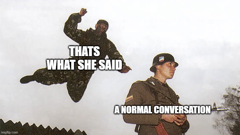 thats what she said | THATS WHAT SHE SAID; A NORMAL CONVERSATION | image tagged in soldier jump spetznaz | made w/ Imgflip meme maker
