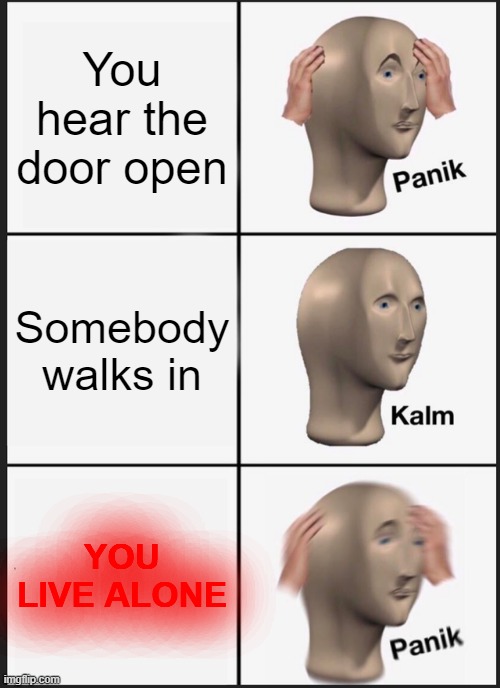 Panik Kalm Panik Meme | You hear the door open; Somebody walks in; YOU LIVE ALONE | image tagged in memes,panik kalm panik | made w/ Imgflip meme maker