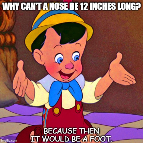 Daily Bad Dad Joke March 2 2021 |  WHY CAN'T A NOSE BE 12 INCHES LONG? BECAUSE THEN IT WOULD BE A FOOT. | image tagged in pinocchio real boy | made w/ Imgflip meme maker