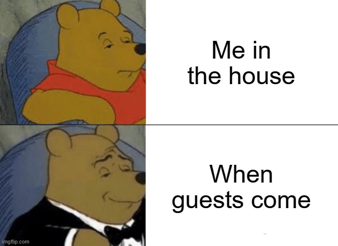 Tuxedo Winnie The Pooh | Me in the house; When guests come | image tagged in memes,tuxedo winnie the pooh | made w/ Imgflip meme maker