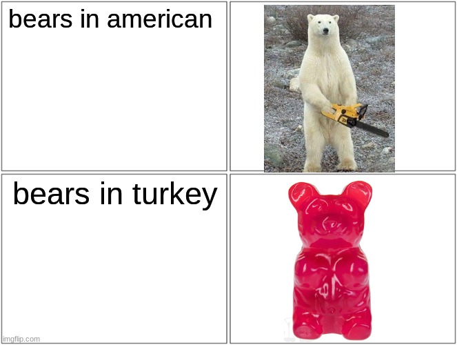 * runs from both * | bears in american; bears in turkey | image tagged in memes,blank comic panel 2x2 | made w/ Imgflip meme maker