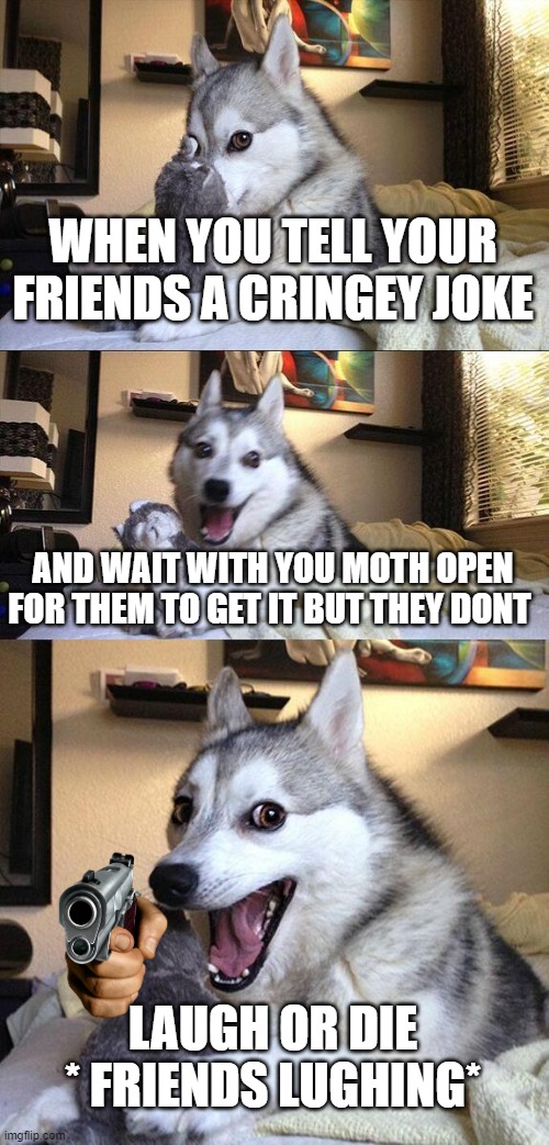 ok it not a repost | WHEN YOU TELL YOUR FRIENDS A CRINGEY JOKE; AND WAIT WITH YOU MOTH OPEN FOR THEM TO GET IT BUT THEY DONT; LAUGH OR DIE * FRIENDS LUGHING* | image tagged in memes,bad pun dog | made w/ Imgflip meme maker
