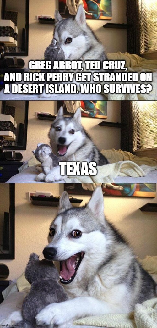 Bad Pun Dog | GREG ABBOT, TED CRUZ, AND RICK PERRY GET STRANDED ON A DESERT ISLAND. WHO SURVIVES? TEXAS | image tagged in memes,bad pun dog | made w/ Imgflip meme maker