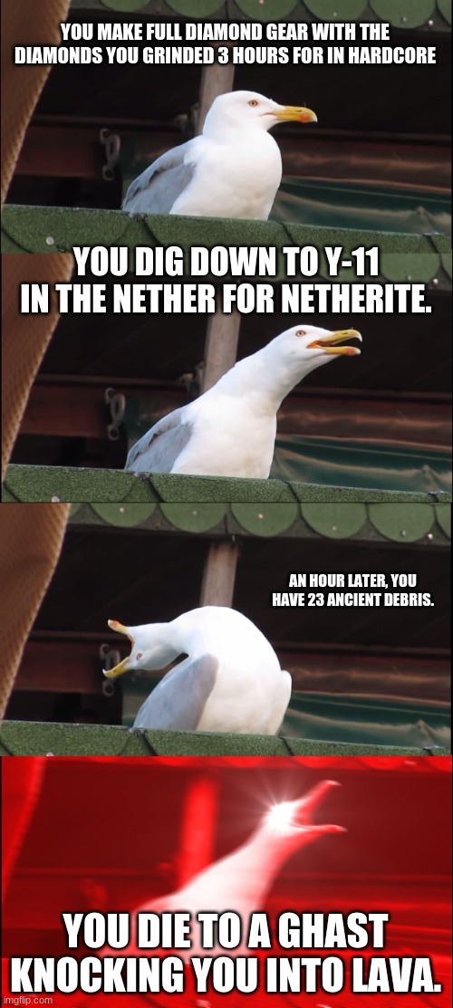 Inhaling Seagull | YOU MAKE FULL DIAMOND GEAR WITH THE DIAMONDS YOU GRINDED 3 HOURS FOR IN HARDCORE; YOU DIG DOWN TO Y-11 IN THE NETHER FOR NETHERITE. AN HOUR LATER, YOU HAVE 23 ANCIENT DEBRIS. YOU DIE TO A GHAST KNOCKING YOU INTO LAVA. | image tagged in memes,inhaling seagull,minecraft,nether,funny | made w/ Imgflip meme maker