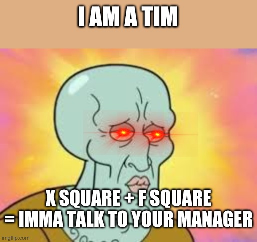squidward math genuis | I AM A TIM; X SQUARE + F SQUARE = IMMA TALK TO YOUR MANAGER | image tagged in handsome squidward | made w/ Imgflip meme maker