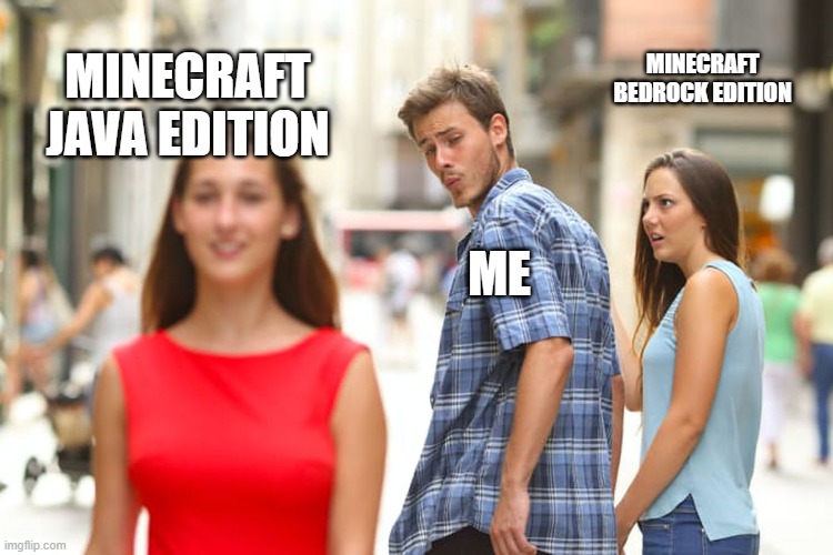 Distracted Boyfriend | MINECRAFT BEDROCK EDITION; MINECRAFT JAVA EDITION; ME | image tagged in memes,distracted boyfriend | made w/ Imgflip meme maker