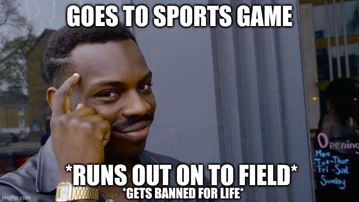 why just why would you do that | GOES TO SPORTS GAME; *RUNS OUT ON TO FIELD*; *GETS BANNED FOR LIFE* | image tagged in memes,roll safe think about it | made w/ Imgflip meme maker