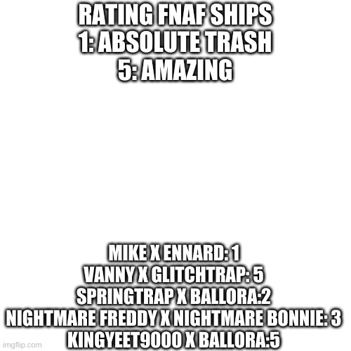 rating fnaf ships cuz why not | RATING FNAF SHIPS
1: ABSOLUTE TRASH
5: AMAZING; MIKE X ENNARD: 1
VANNY X GLITCHTRAP: 5
SPRINGTRAP X BALLORA:2
NIGHTMARE FREDDY X NIGHTMARE BONNIE: 3
KINGYEET9000 X BALLORA:5 | image tagged in memes,blank transparent square | made w/ Imgflip meme maker