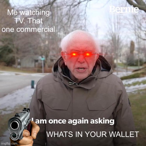 Bernie I Am Once Again Asking For Your Support Meme | Me watching TV. That one commercial; WHATS IN YOUR WALLET | image tagged in memes,bernie i am once again asking for your support | made w/ Imgflip meme maker