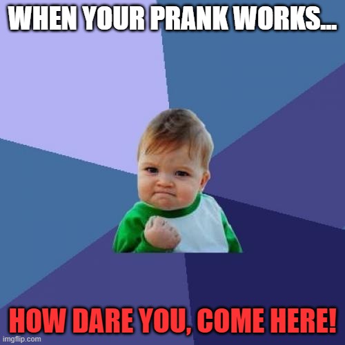 Success Kid | WHEN YOUR PRANK WORKS... HOW DARE YOU, COME HERE! | image tagged in memes,success kid | made w/ Imgflip meme maker
