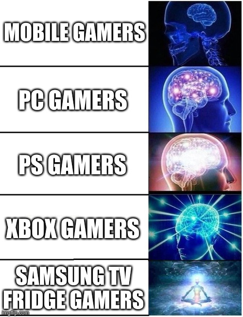 Expanding Brain 5 Panel | MOBILE GAMERS; PC GAMERS; PS GAMERS; XBOX GAMERS; SAMSUNG TV FRIDGE GAMERS | image tagged in expanding brain 5 panel | made w/ Imgflip meme maker