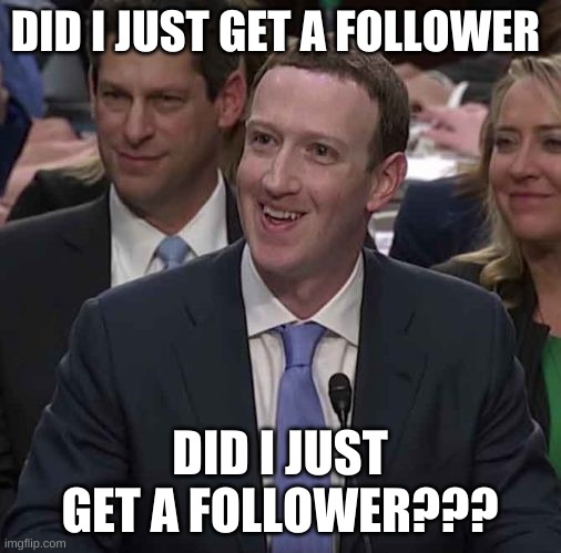 Zucc Confused Smile | DID I JUST GET A FOLLOWER DID I JUST GET A FOLLOWER??? | image tagged in zucc confused smile | made w/ Imgflip meme maker