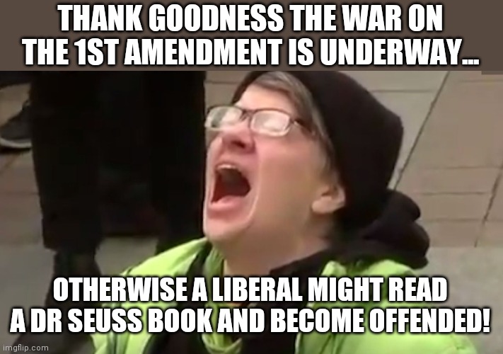 Is there a war on the first amendment under the Biden Administration? Nahhhhhhhhhhh where is the proof? Oh wait... | THANK GOODNESS THE WAR ON THE 1ST AMENDMENT IS UNDERWAY... OTHERWISE A LIBERAL MIGHT READ A DR SEUSS BOOK AND BECOME OFFENDED! | image tagged in screaming liberal,deep thoughts,liberal logic,stupid liberals | made w/ Imgflip meme maker