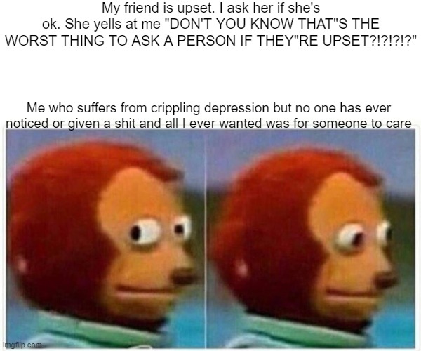 Friends are shits :) | My friend is upset. I ask her if she's ok. She yells at me "DON'T YOU KNOW THAT"S THE WORST THING TO ASK A PERSON IF THEY"RE UPSET?!?!?!?"; Me who suffers from crippling depression but no one has ever noticed or given a shit and all I ever wanted was for someone to care | image tagged in memes,monkey puppet | made w/ Imgflip meme maker
