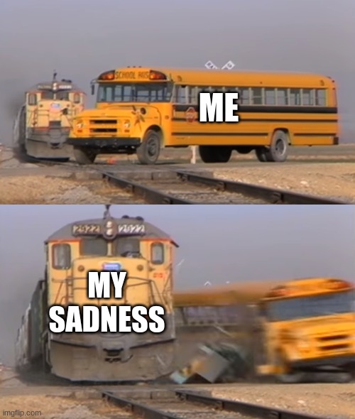 my sadness hits different | ME; MY SADNESS | image tagged in a train hitting a school bus | made w/ Imgflip meme maker