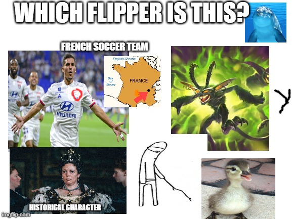 some more mental gymnastics | WHICH FLIPPER IS THIS? FRENCH SOCCER TEAM; HISTORICAL CHARACTER | image tagged in blank white template,puzzle for the day | made w/ Imgflip meme maker