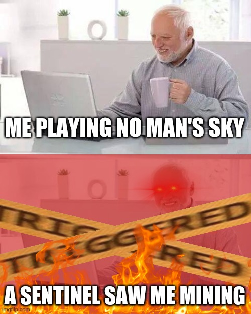 No man's sky meme | ME PLAYING NO MAN'S SKY; A SENTINEL SAW ME MINING | image tagged in triggered | made w/ Imgflip meme maker