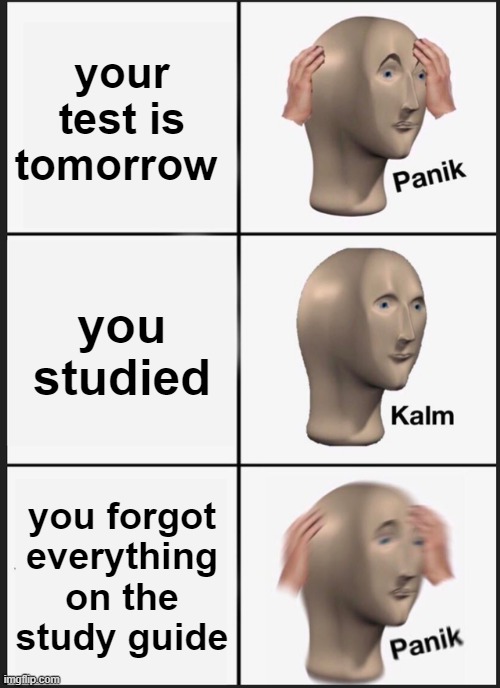 scoo | your test is tomorrow; you studied; you forgot everything on the study guide | image tagged in memes,panik kalm panik | made w/ Imgflip meme maker