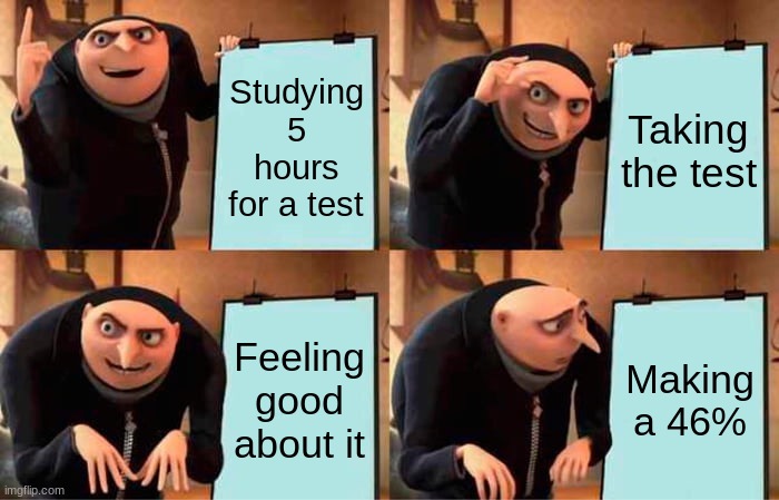 Gru's Plan | Studying 5 hours for a test; Taking the test; Feeling good about it; Making a 46% | image tagged in memes,gru's plan | made w/ Imgflip meme maker