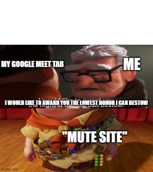 Highest honor I can bestow | ME; MY GOOGLE MEET TAB; I WOULD LIKE TO AWARD YOU THE LOWEST HONOR I CAN BESTOW; "MUTE SITE" | image tagged in highest honor i can bestow | made w/ Imgflip meme maker