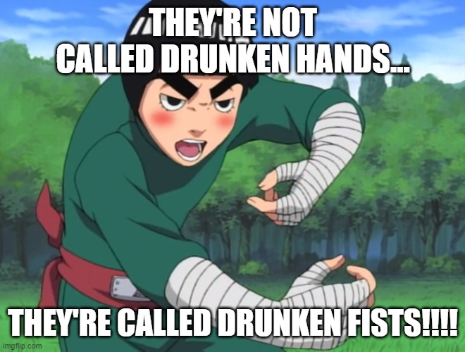 rock lee naruto | THEY'RE NOT CALLED DRUNKEN HANDS... THEY'RE CALLED DRUNKEN FISTS!!!! | image tagged in rock lee naruto | made w/ Imgflip meme maker