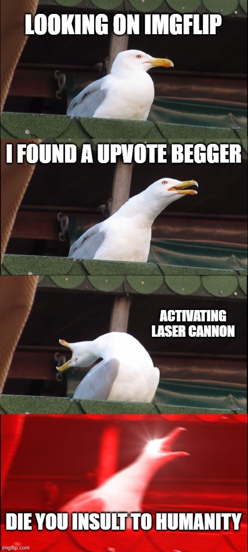 DIE UPVOTE BEGGARS | LOOKING ON IMGFLIP; I FOUND A UPVOTE BEGGER; ACTIVATING LASER CANNON; DIE YOU INSULT TO HUMANITY | image tagged in memes,inhaling seagull | made w/ Imgflip meme maker