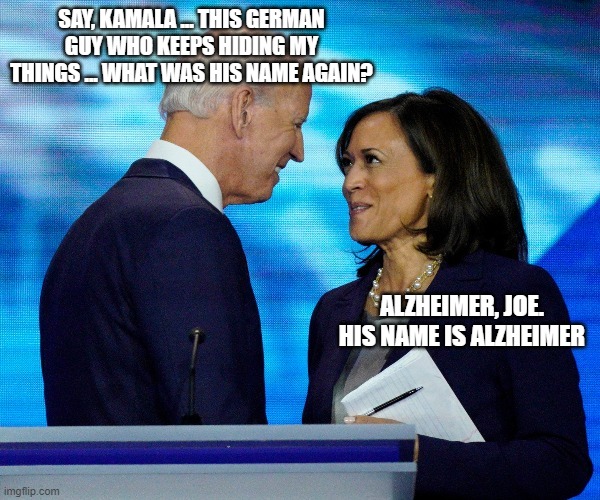 The Senile-in-Chief | SAY, KAMALA ... THIS GERMAN GUY WHO KEEPS HIDING MY THINGS ... WHAT WAS HIS NAME AGAIN? ALZHEIMER, JOE. HIS NAME IS ALZHEIMER | image tagged in biden and kamala,alzheimers | made w/ Imgflip meme maker