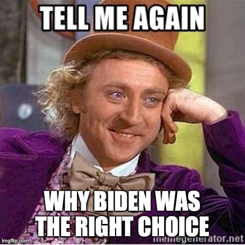 Tell me again | WHY BIDEN WAS THE RIGHT CHOICE | image tagged in tell me again | made w/ Imgflip meme maker