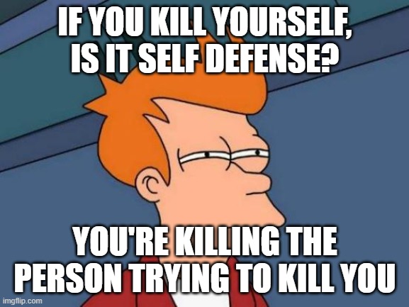 Am I the only one that thinks this? No, I'm not | IF YOU KILL YOURSELF, IS IT SELF DEFENSE? YOU'RE KILLING THE PERSON TRYING TO KILL YOU | image tagged in memes,futurama fry | made w/ Imgflip meme maker