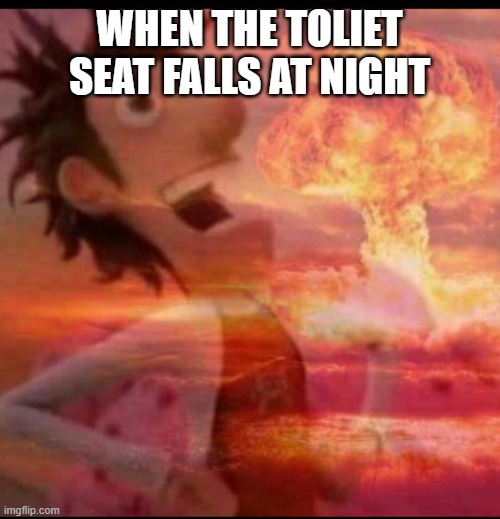 MushroomCloudy | WHEN THE TOLIET SEAT FALLS AT NIGHT | image tagged in mushroomcloudy | made w/ Imgflip meme maker